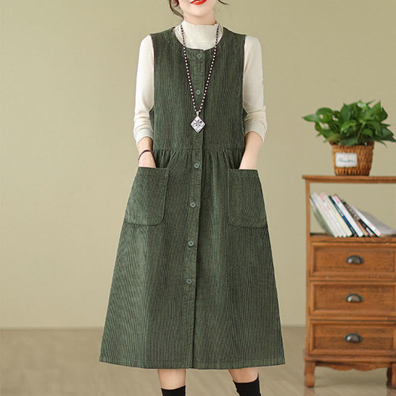 Robe midi sans manches en velours côtelé avec poches, ornée de boutons rétro et de motifs Buddha Stones. - image 8