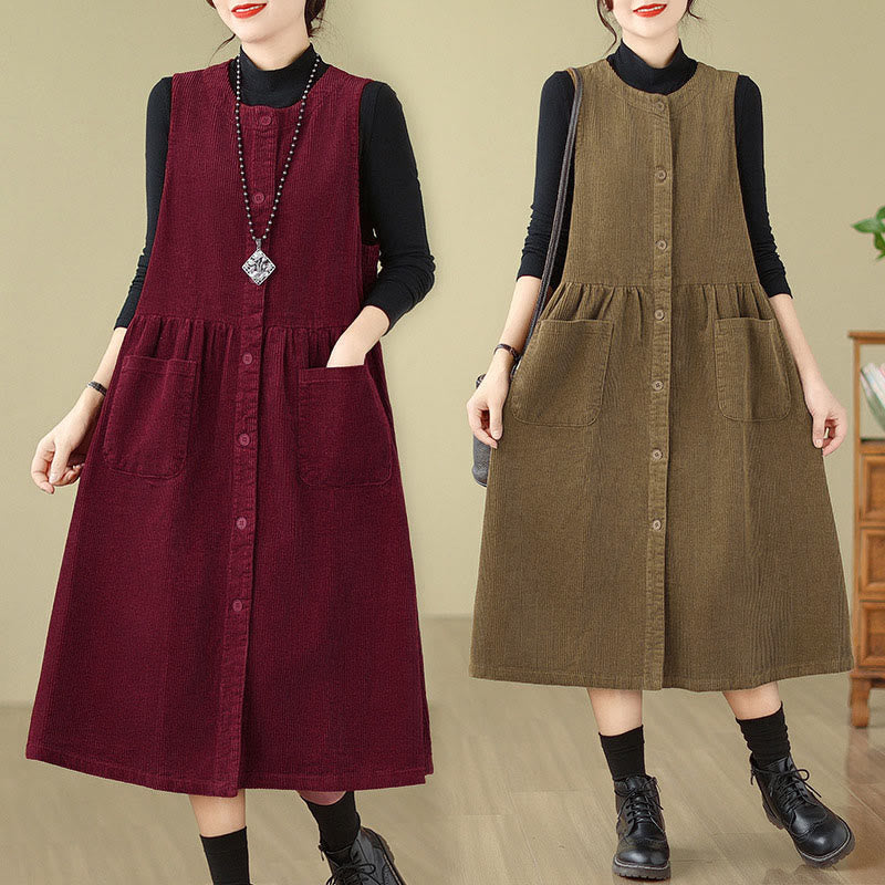 Robe midi sans manches en velours côtelé avec poches, ornée de boutons rétro et de motifs Buddha Stones. - image 24