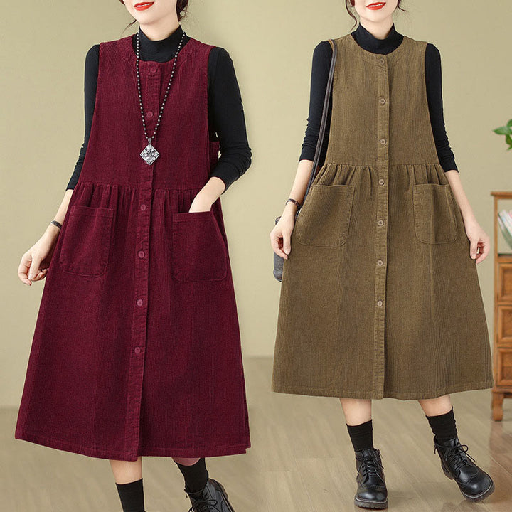 Robe midi sans manches en velours côtelé avec poches, ornée de boutons rétro et de motifs Buddha Stones. - image 24