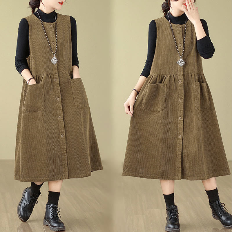 Robe midi sans manches en velours côtelé avec poches, ornée de boutons rétro et de motifs Buddha Stones. - image 16