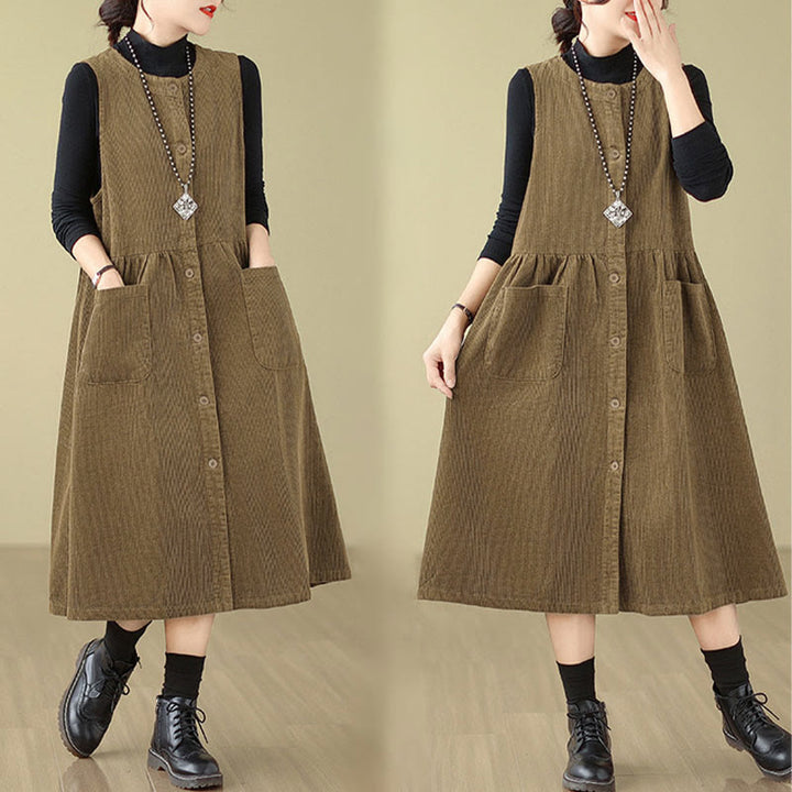 Robe midi sans manches en velours côtelé avec poches, ornée de boutons rétro et de motifs Buddha Stones. - image 16