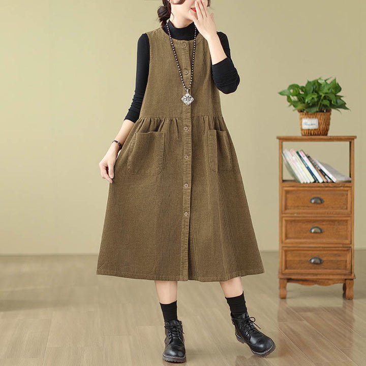 Robe midi sans manches en velours côtelé avec poches, ornée de boutons rétro et de motifs Buddha Stones. - image 13
