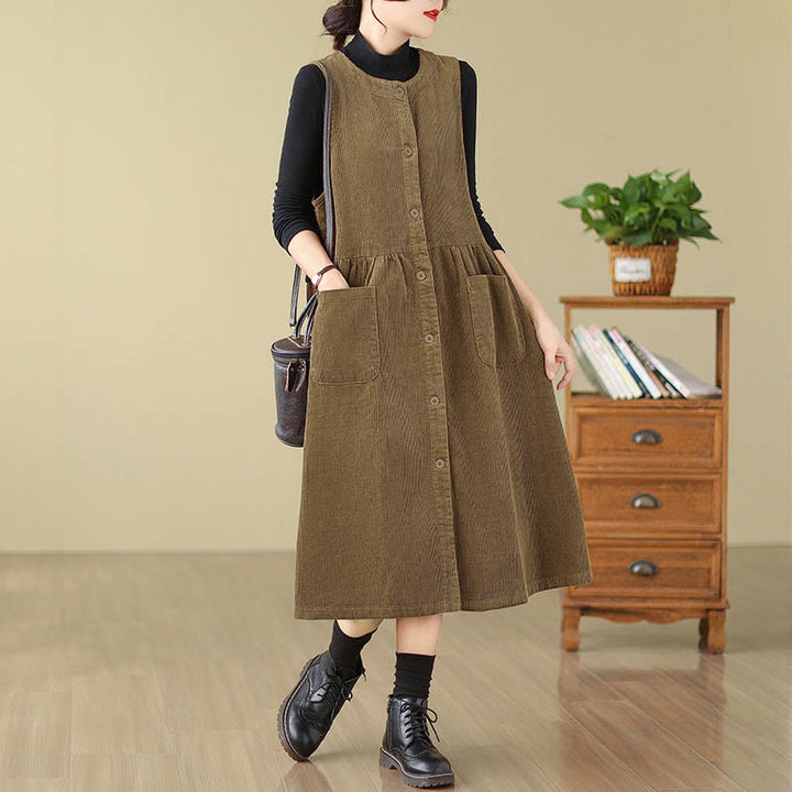 Robe midi sans manches en velours côtelé avec poches, ornée de boutons rétro et de motifs Buddha Stones. - DarkGoldenrod - US12，UK/AU16，EU44 (3XL) - image 11