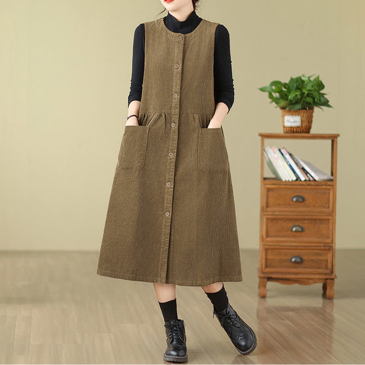 Robe midi sans manches en velours côtelé avec poches, ornée de boutons rétro et de motifs Buddha Stones. - image 14