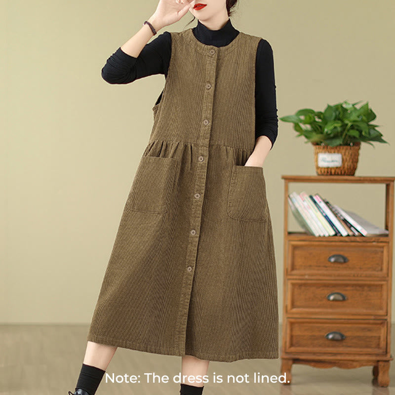 Robe midi sans manches en velours côtelé avec poches, ornée de boutons rétro et de motifs Buddha Stones. - image 12