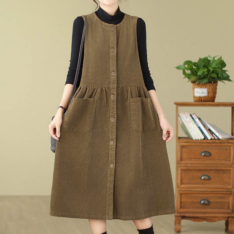 Robe midi sans manches en velours côtelé avec poches, ornée de boutons rétro et de motifs Buddha Stones. - image 15