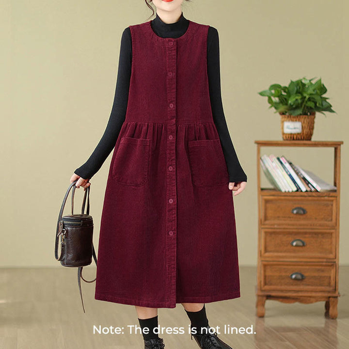 Robe midi sans manches en velours côtelé avec poches, ornée de boutons rétro et de motifs Buddha Stones. - image 20