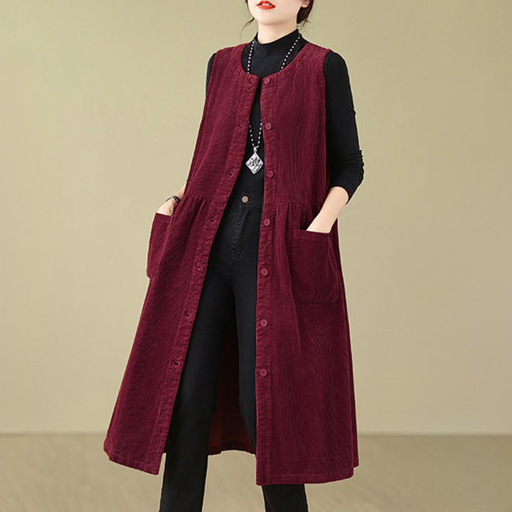 Robe midi sans manches en velours côtelé avec poches, ornée de boutons rétro et de motifs Buddha Stones. - image 22