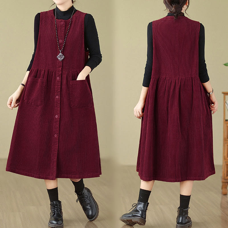 Robe midi sans manches en velours côtelé avec poches, ornée de boutons rétro et de motifs Buddha Stones. - image 23