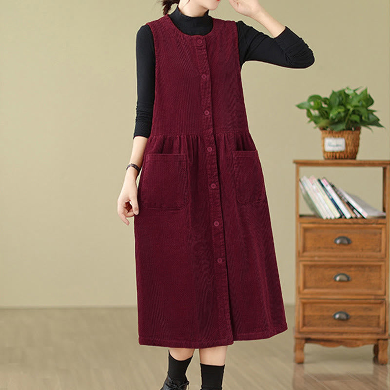 Robe midi sans manches en velours côtelé avec poches, ornée de boutons rétro et de motifs Buddha Stones. - image 21