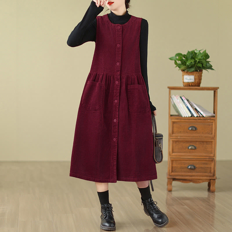 Robe midi sans manches en velours côtelé avec poches, ornée de boutons rétro et de motifs Buddha Stones. - Cramoisi - US12，UK/AU16，EU44 (3XL) - image 19