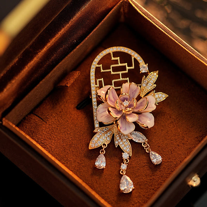 Buddha Stones Broche en cuivre à pompon en forme de pivoine violette de style chinois - Pivoine violette - image 0