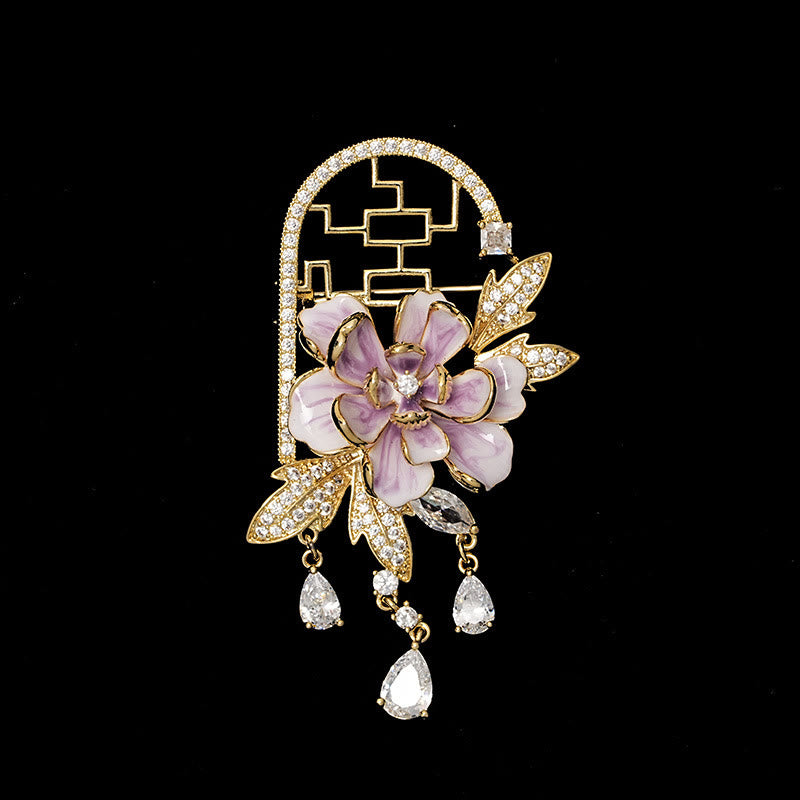 Buddha Stones Broche en cuivre à pompon en forme de pivoine violette de style chinois - image 1