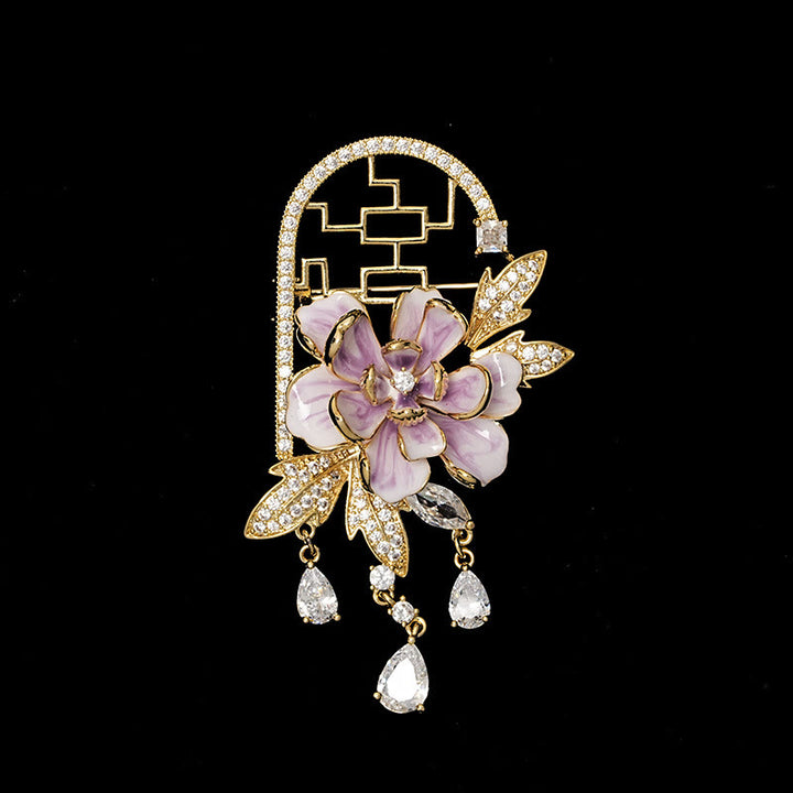 Buddha Stones Broche en cuivre à pompon en forme de pivoine violette de style chinois - image 1