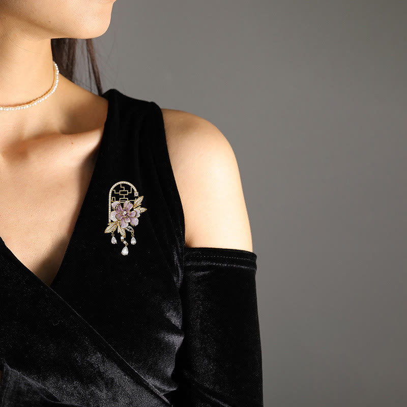 Buddha Stones Broche en cuivre à pompon en forme de pivoine violette de style chinois - image 2