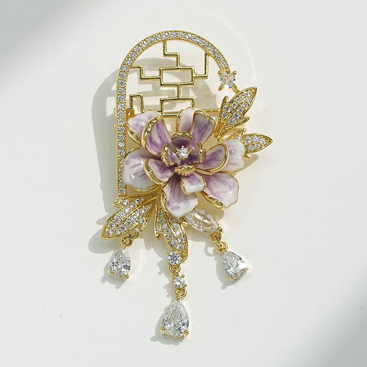 Buddha Stones Broche en cuivre à pompon en forme de pivoine violette de style chinois - image 4