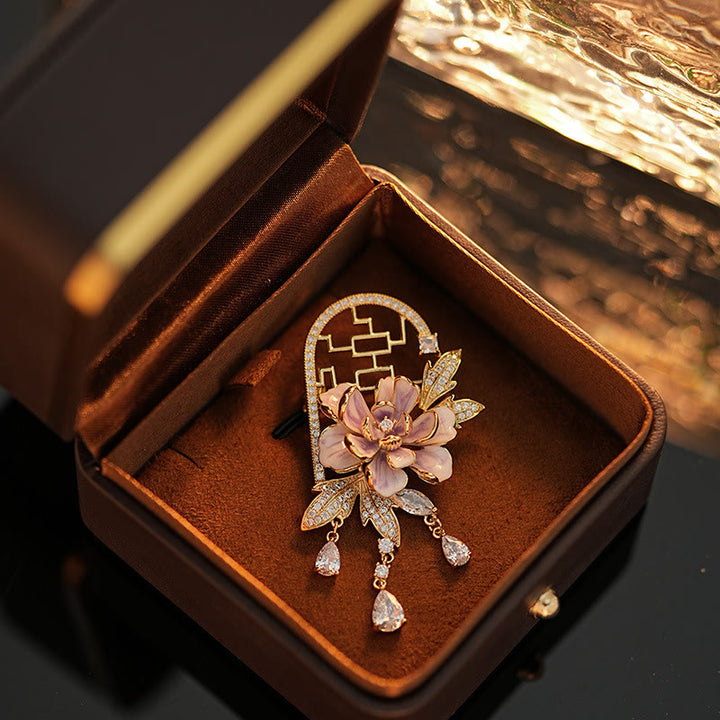 Buddha Stones Broche en cuivre à pompon en forme de pivoine violette de style chinois - image 7