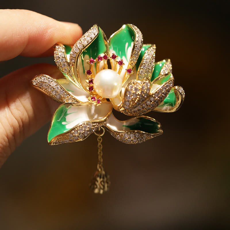 Buddha Stones Broche en cuivre Fleur de lotus et perle, symbole de nouveau départ - image 1