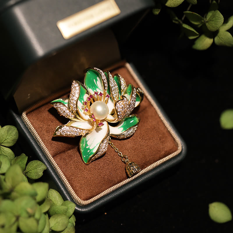 Buddha Stones Broche en cuivre Fleur de lotus et perle, symbole de nouveau départ - Vert - image 0