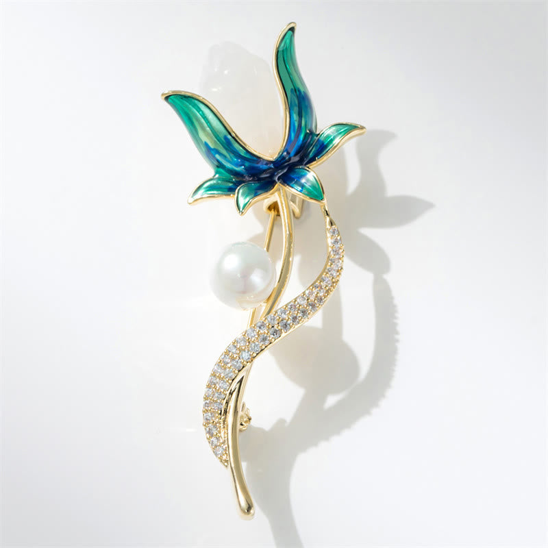 Buddha Stones Broche en cuivre « Fleur de magnolia et perle, symbole d'optimisme » - image 1