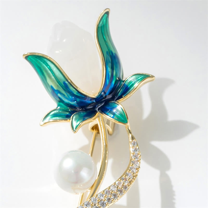 Buddha Stones Broche en cuivre « Fleur de magnolia et perle, symbole d'optimisme » - image 2