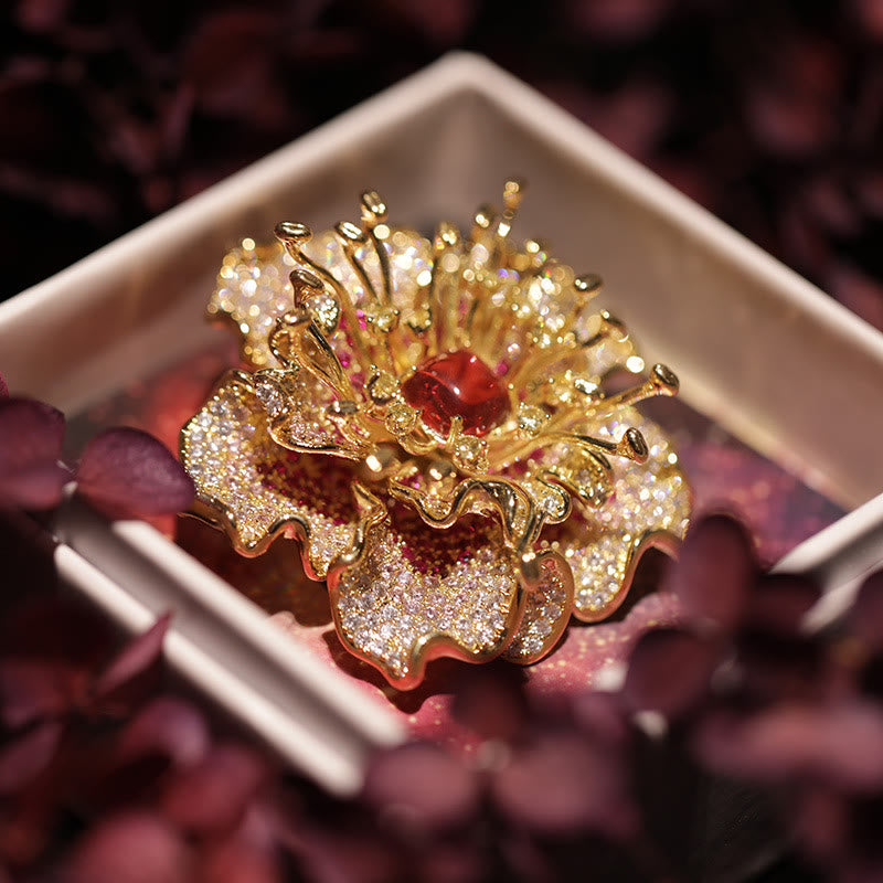 Buddha Stones Broche en cuivre à motif pivoine, symbole de prospérité - Pivoine rouge - image 0