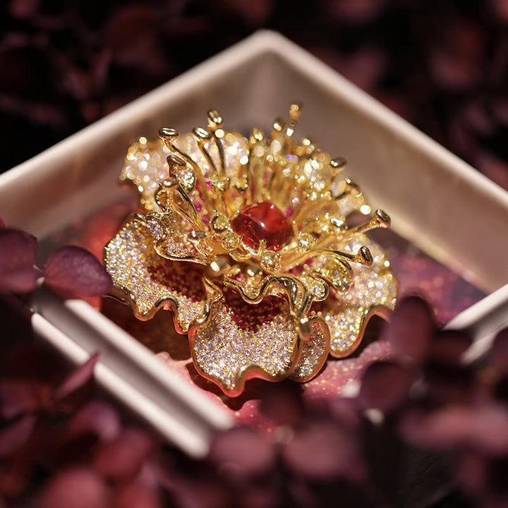 Buddha Stones Broche en cuivre à motif pivoine, symbole de prospérité - Pivoine rouge - image 0