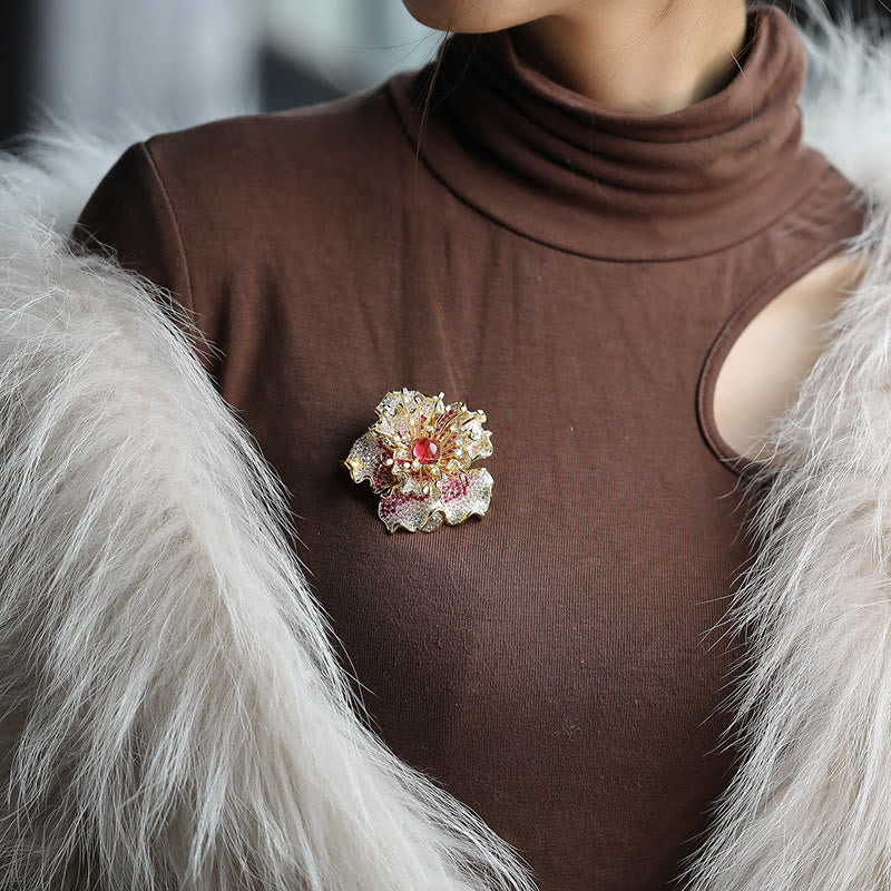Buddha Stones Broche en cuivre à motif pivoine, symbole de prospérité - image 5