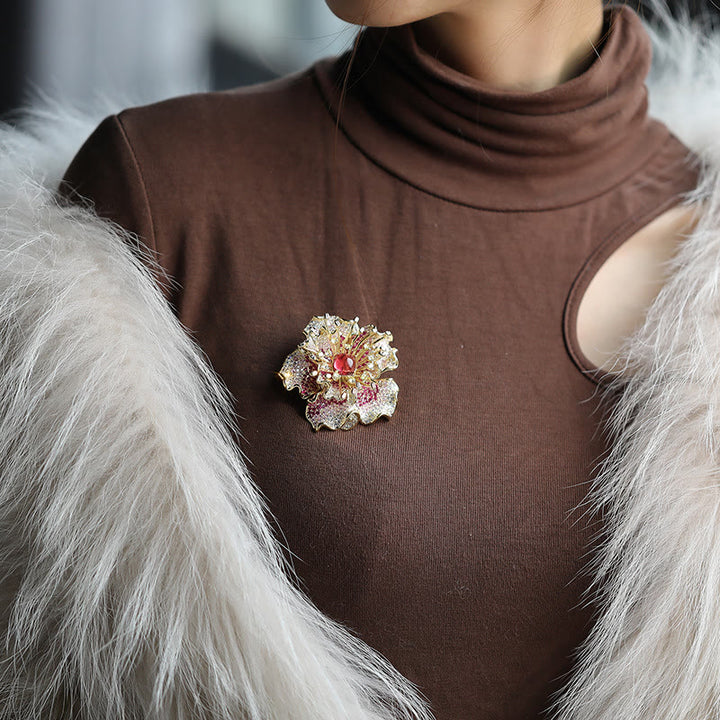 Buddha Stones Broche en cuivre à motif pivoine, symbole de prospérité - image 5