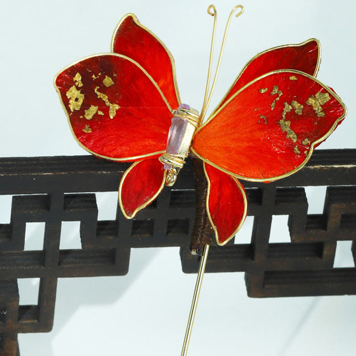 Buddha Stones Broche papillon rouge en velours de soie artisanale - image 10