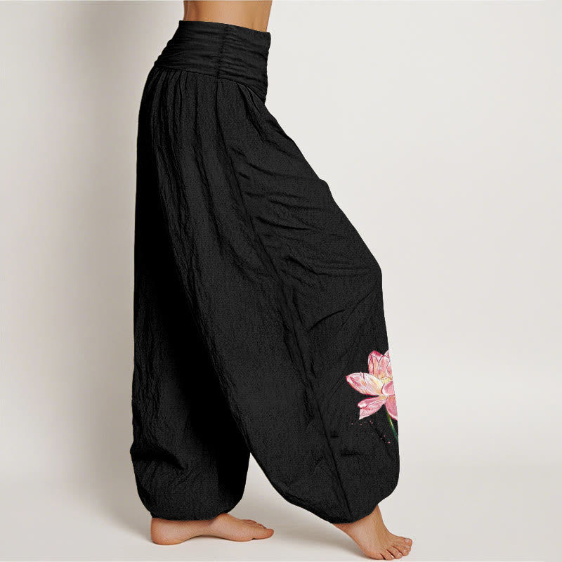 Buddha Stones Pantalon harem à taille élastique pour femme, en coton, motif lotus et soleil - image 1