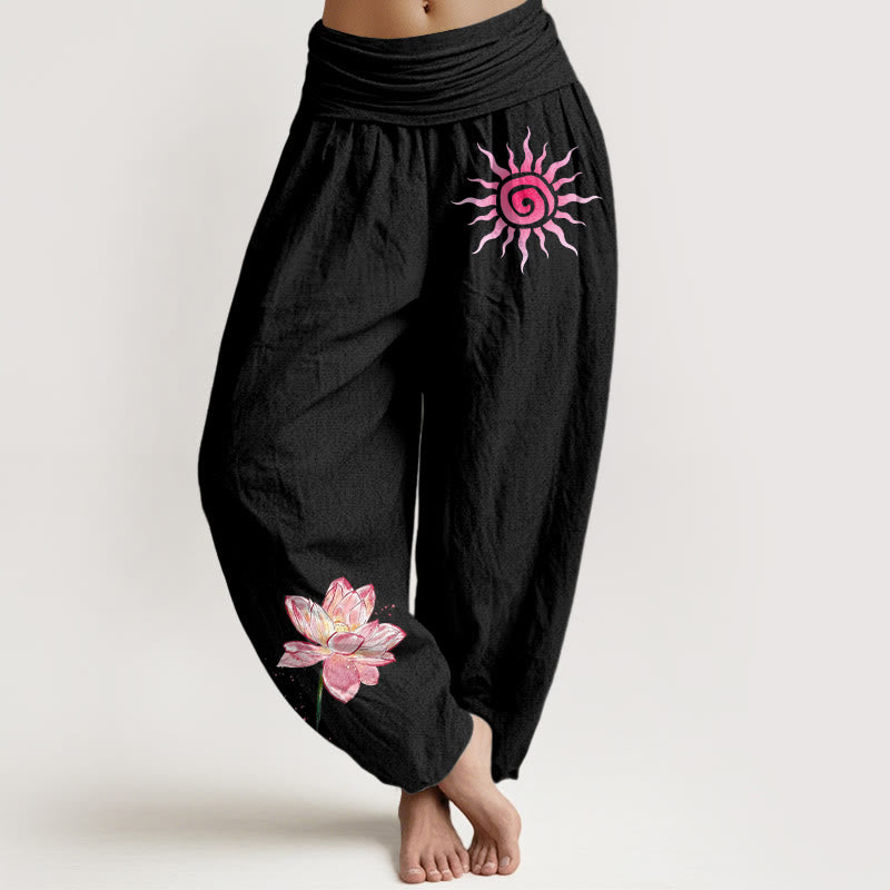 Buddha Stones Pantalon harem à taille élastique pour femme, en coton, motif lotus et soleil - Noir - US16，UK/AU20，EU48 (3XL) - image 0