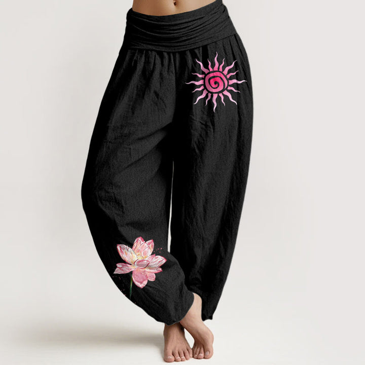 Buddha Stones Pantalon harem à taille élastique pour femme, en coton, motif lotus et soleil - Noir - US16，UK/AU20，EU48 (3XL) - image 0