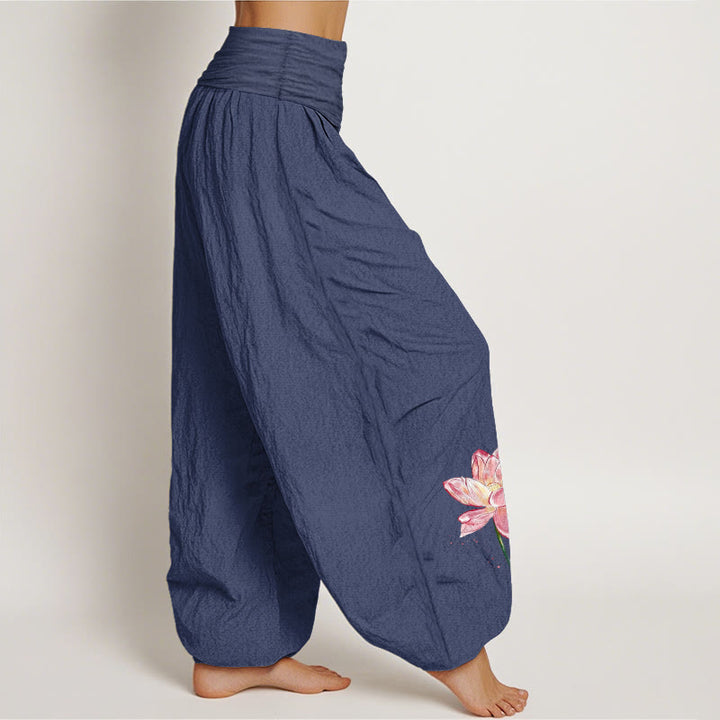 Buddha Stones Pantalon harem à taille élastique pour femme, en coton, motif lotus et soleil - image 6