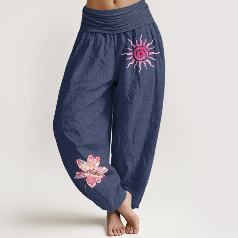 Buddha Stones Pantalon harem à taille élastique pour femme, en coton, motif lotus et soleil - Bleu ardoise foncé - US16，UK/AU20，EU48 (3XL) - image 5