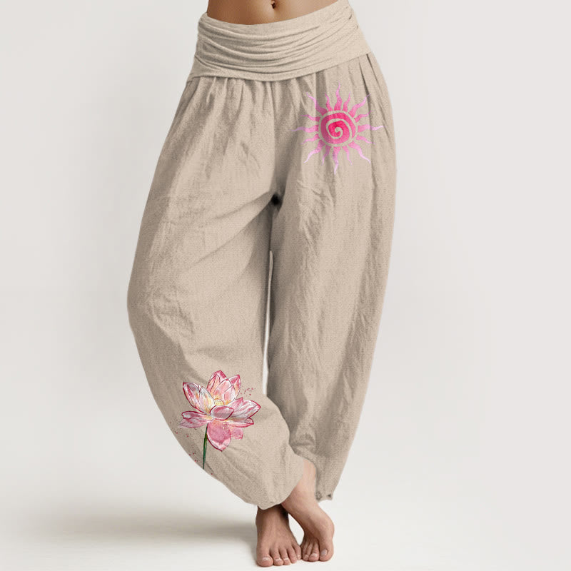 Buddha Stones Pantalon harem à taille élastique pour femme, en coton, motif lotus et soleil - Tanné - US16，UK/AU20，EU48 (3XL) - image 11