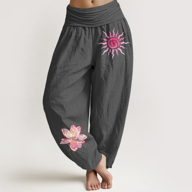 Buddha Stones Pantalon harem à taille élastique pour femme, en coton, motif lotus et soleil - Gris terne - US16，UK/AU20，EU48 (3XL) - image 8