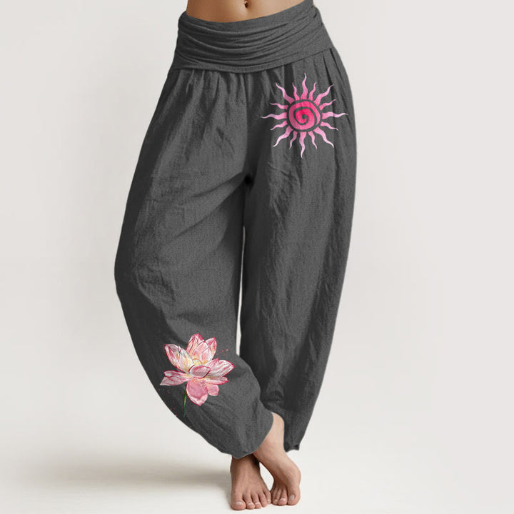 Buddha Stones Pantalon harem à taille élastique pour femme, en coton, motif lotus et soleil - Gris terne - US16，UK/AU20，EU48 (3XL) - image 8