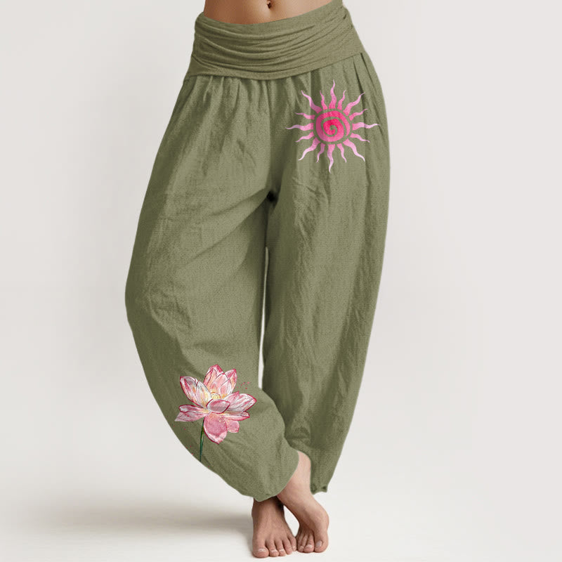 Buddha Stones Pantalon harem à taille élastique pour femme, en coton, motif lotus et soleil - Vert olive - US16，UK/AU20，EU48 (3XL) - image 14