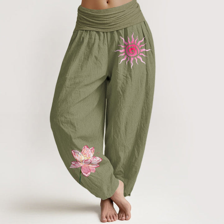 Buddha Stones Pantalon harem à taille élastique pour femme, en coton, motif lotus et soleil - Vert olive - US16，UK/AU20，EU48 (3XL) - image 14