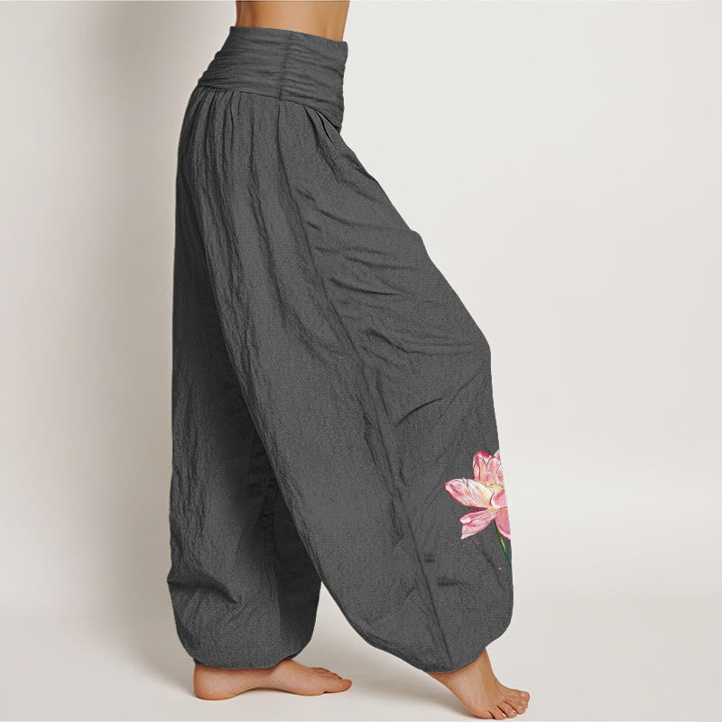 Buddha Stones Pantalon harem à taille élastique pour femme, en coton, motif lotus et soleil - image 9