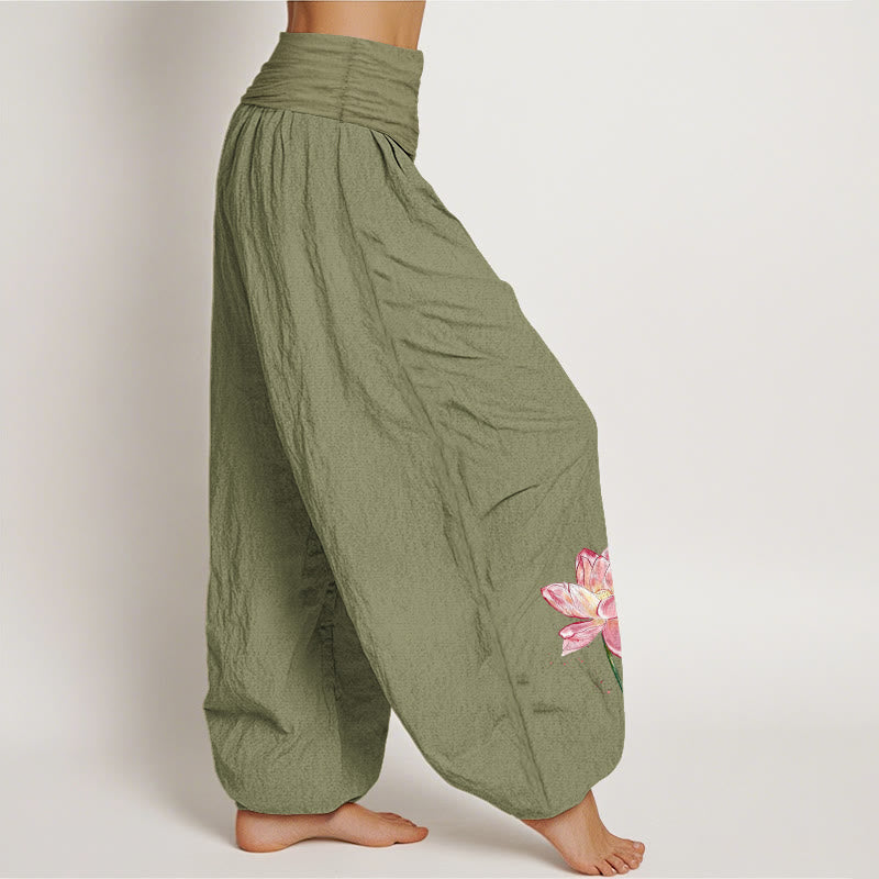 Buddha Stones Pantalon harem à taille élastique pour femme, en coton, motif lotus et soleil - image 15