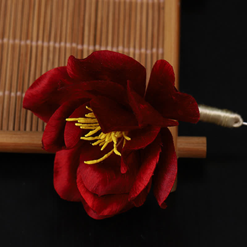 Buddha Stones Broche Camélia Rouge, symbole de sincérité et de bénédiction, confectionnée à la main en soie, patrimoine culturel - image 11