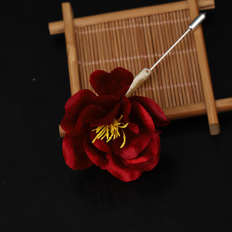 Buddha Stones Broche Camélia Rouge, symbole de sincérité et de bénédiction, confectionnée à la main en soie, patrimoine culturel - image 7