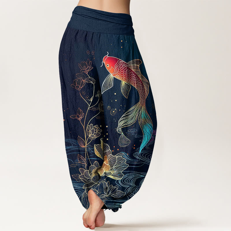 Buddha Stones Pantalon harem en pur coton à taille élastique, motif carpe koi et lotus - image 1