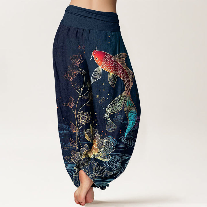 Buddha Stones Pantalon harem en pur coton à taille élastique, motif carpe koi et lotus - image 1