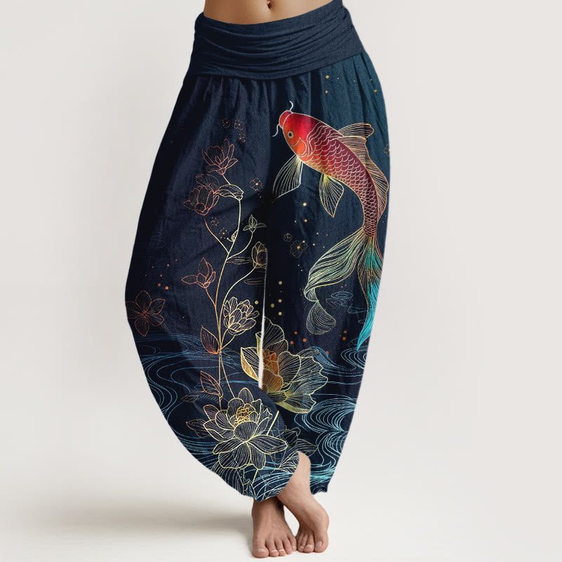 Buddha Stones Pantalon harem en pur coton à taille élastique, motif carpe koi et lotus - Marine - US16，UK/AU20，EU48 (3XL) - image 0