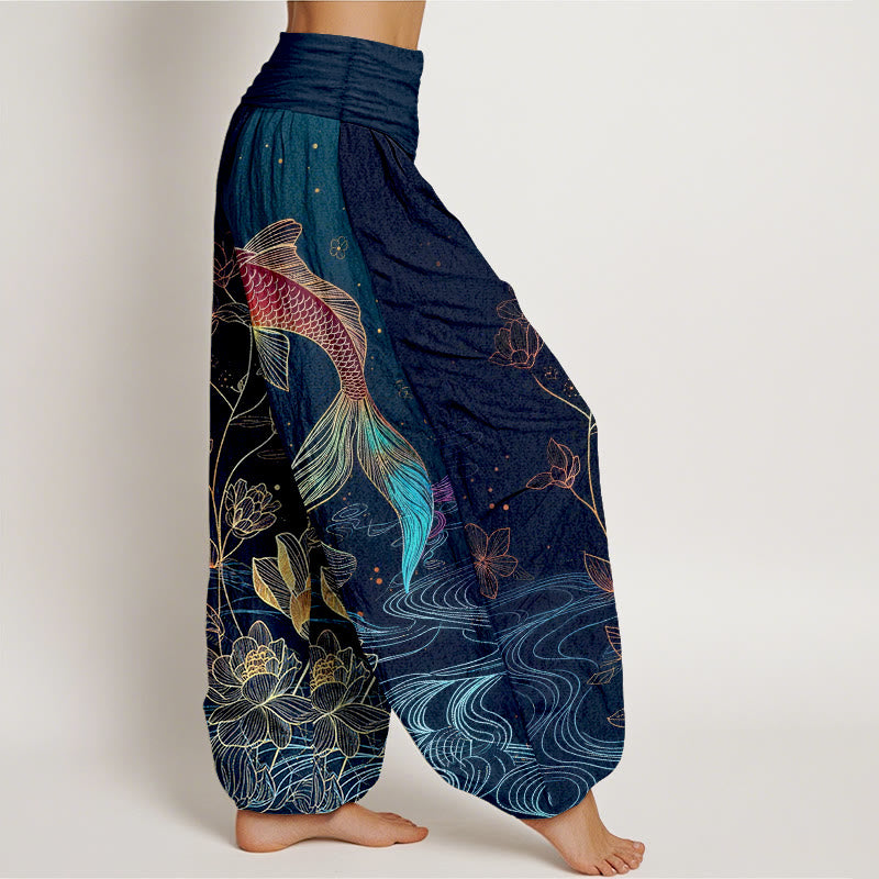 Buddha Stones Pantalon harem en pur coton à taille élastique, motif carpe koi et lotus - image 2