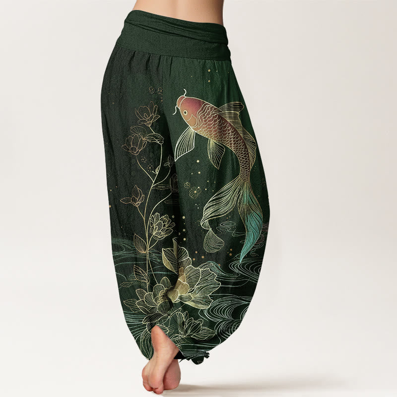 Buddha Stones Pantalon harem en pur coton à taille élastique, motif carpe koi et lotus - image 6