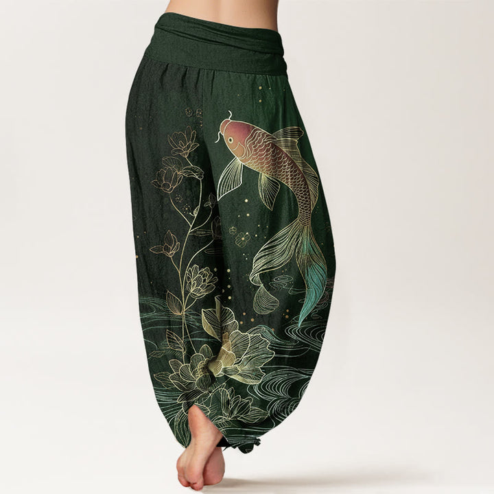 Buddha Stones Pantalon harem en pur coton à taille élastique, motif carpe koi et lotus - image 6